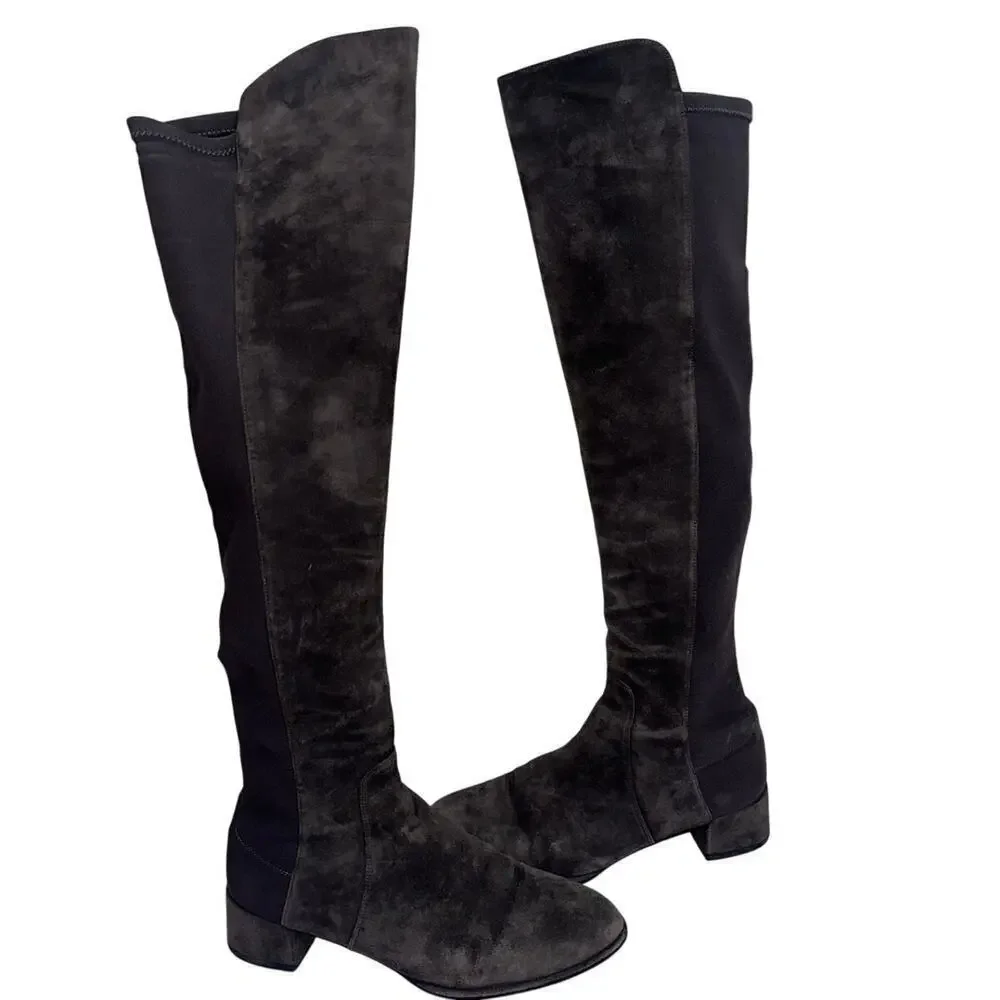Stuart Weitzman 5050 Over-The-Knee Boots Dark Gray Size 6.5M Leather/Stretch